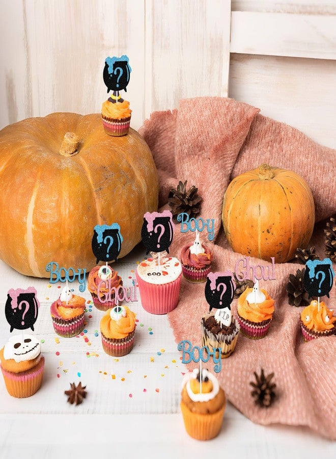 PYBHILK 16 PCS Glitter Boo-y or Ghoul Cupcake Topper, Witch's Cauldron Pink or Blue Décor, Halloween Ghoul Ghost Gender Reveal Baby Shower Party Decorations Supplies - Image 5